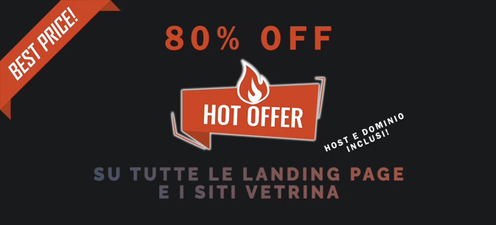 Offerta 80% di sconto su landing page e siti vetrina con hosting e dominio inclusi.